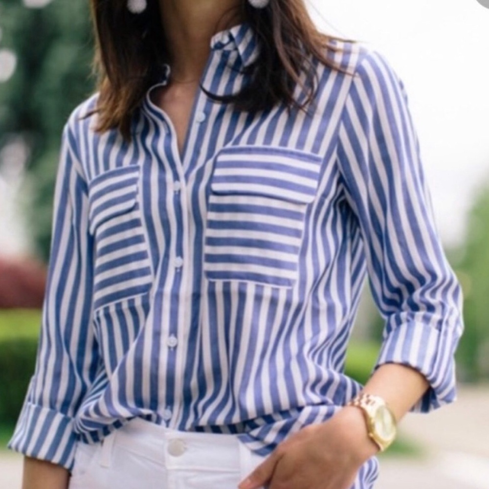 Express Blue and White Striped Button Down Shirt, XS Petite